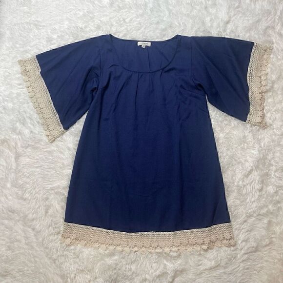 Umgee USA Boho Blue Crochet Trim Lagenlook Tunic Top Dress Size M Loose Fit - Picture 2 of 11
